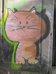 829395 Afbeelding van een graffiti met een kat, onderaan de Demkaspoorbrug bij de Isotopenweg te Utrecht.